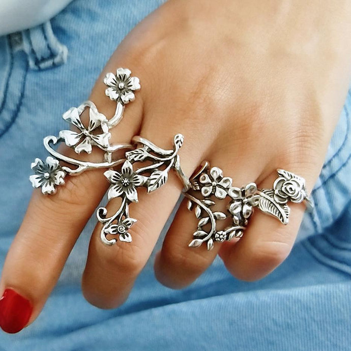 Vintage Boho Jewelry Rose Flower Rings Set
