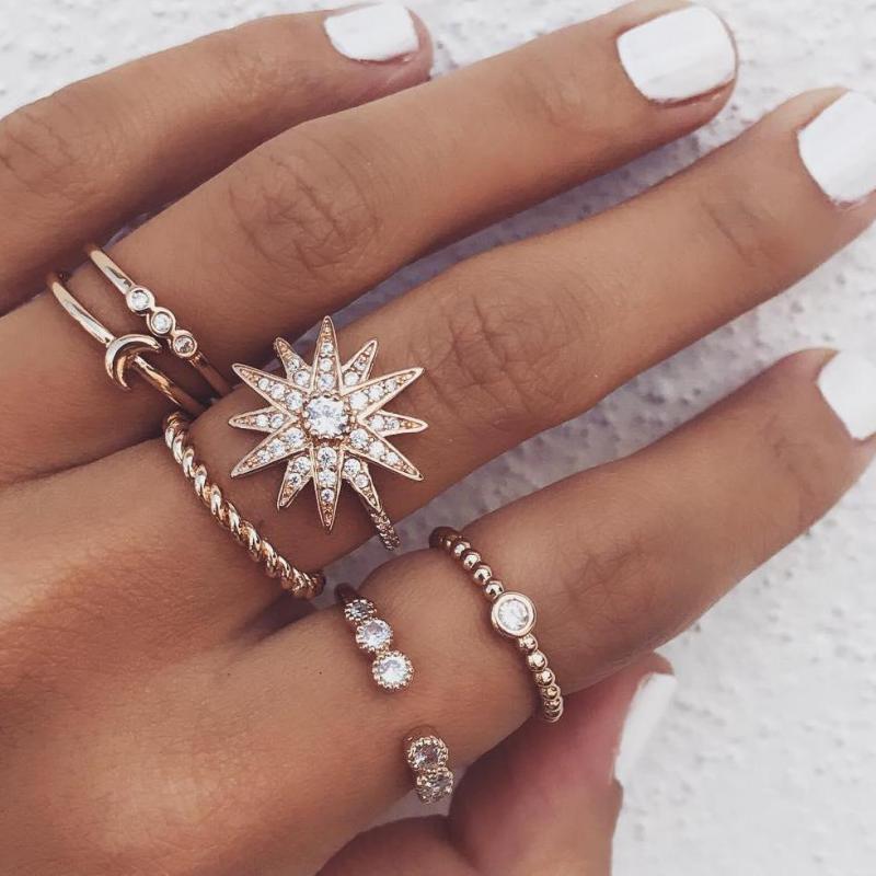 Gold Color Rings Star Moon Crystal Midi Finger Ring Set